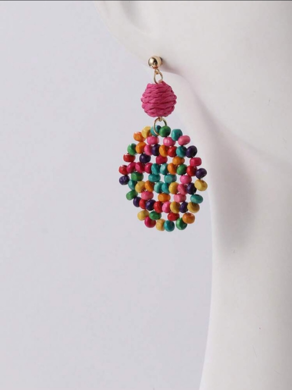 Handmade Boho Wood Bead & Raffia Statement Summer Earrings Eclectic Whimsical - Picture 3 of 6